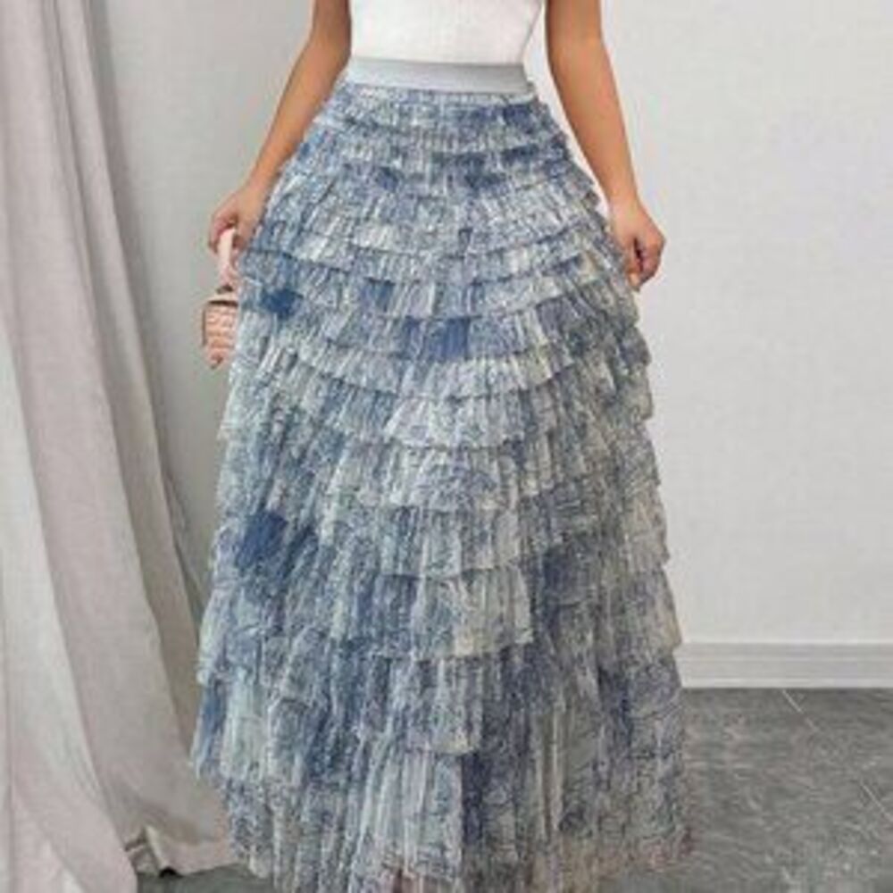 Dusty Blue Boho Women's Romantic Holiday Style Ditsy Floral Mesh Skirt - Picture 3 of 3